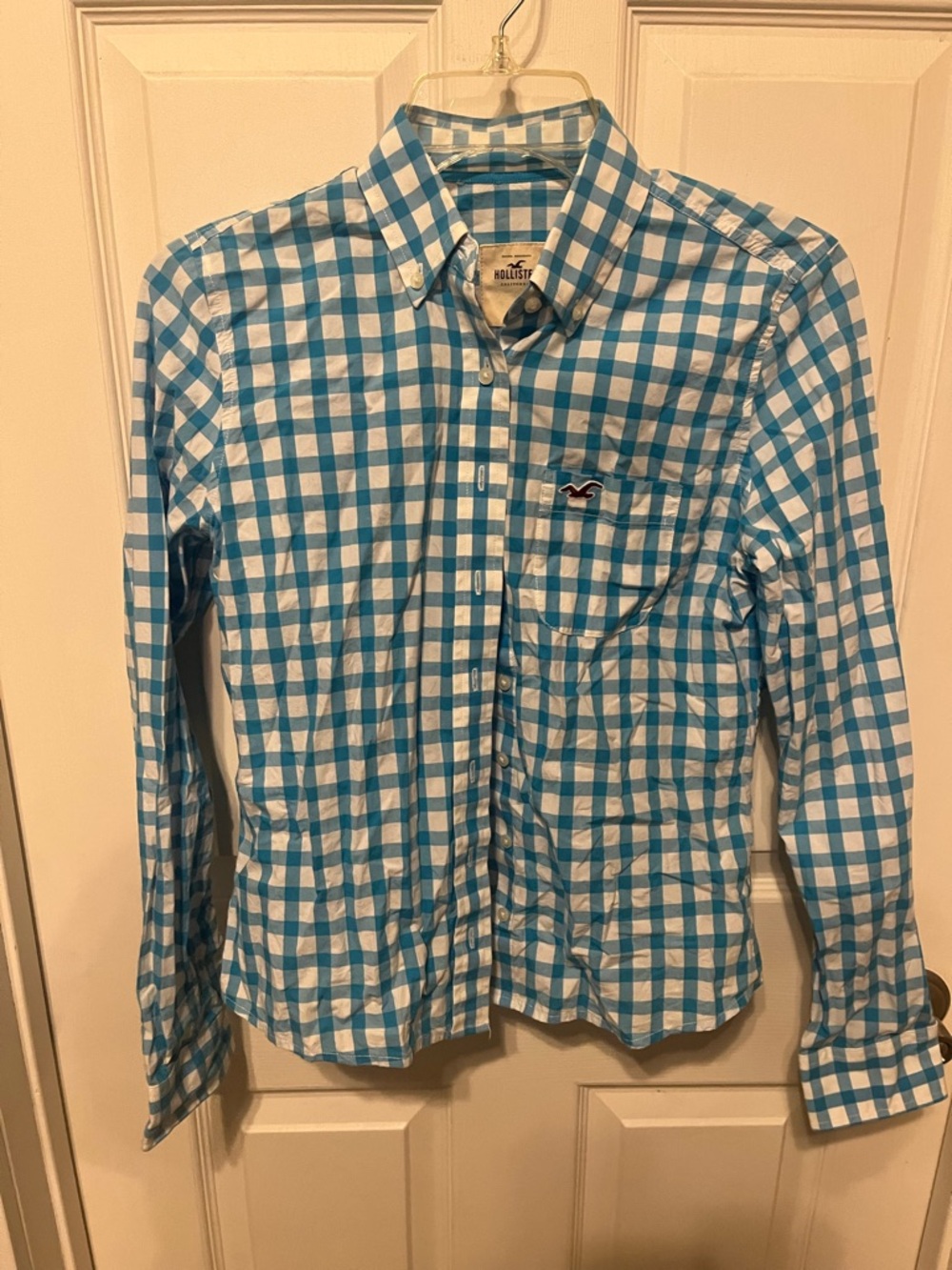 Hollister Men's Turquoise and White Check Button-Down Shirt